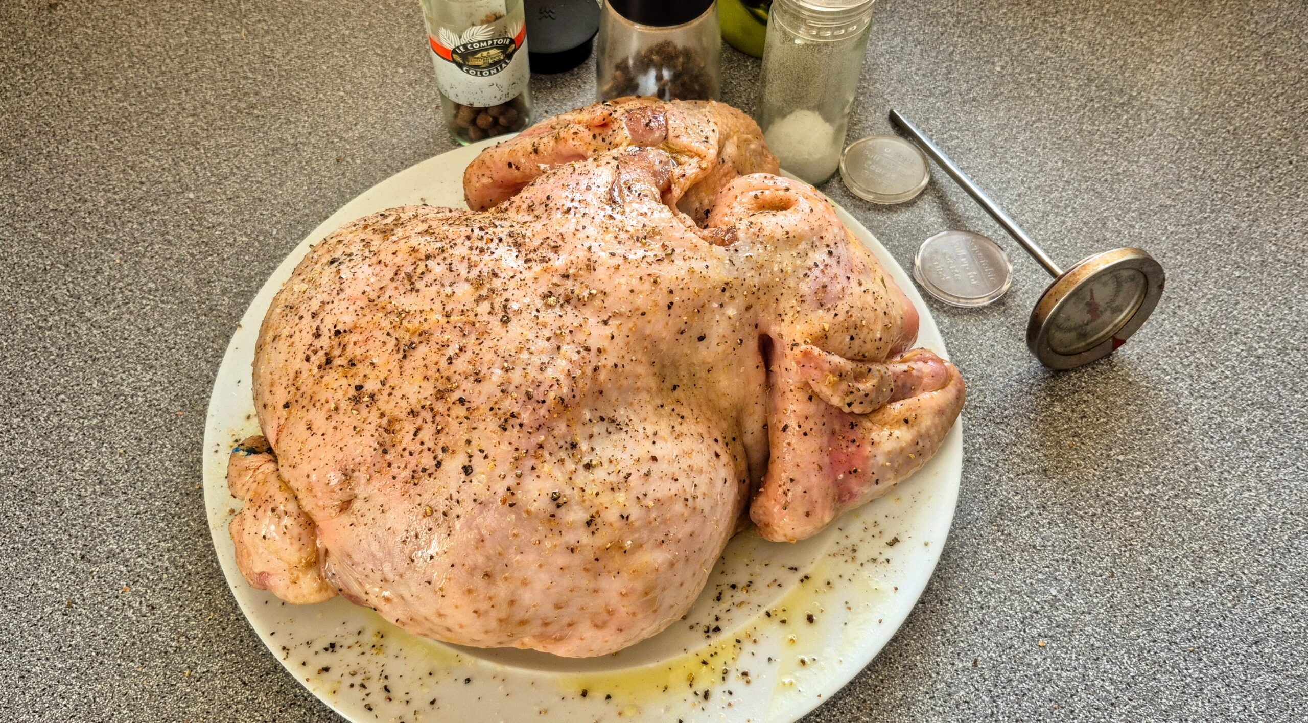 The chicken, seasoned and about to be trussed