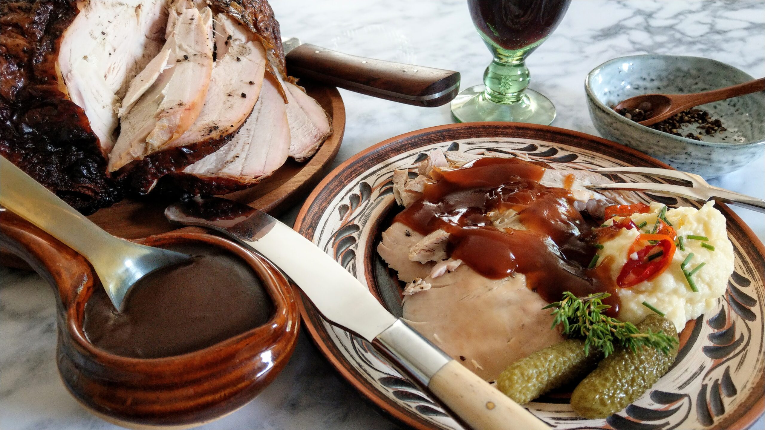 Smoked roast chicken with parsnips in cream and spiced butter. And a pickle. 